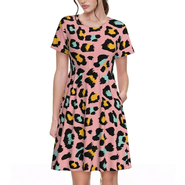 Vsdgher Léopard pour Femmes Été 2025 Robes Midi Maxi Décontractées Légères Manches Courtes Col Rond Robe de Plage