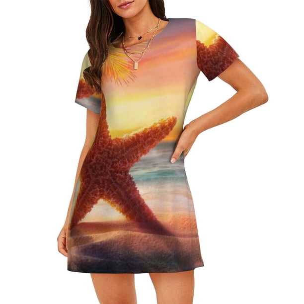 Fotbe Starfish Sunset Sea Beach Bata de Dormir para Mujer con Estampado, Camisón de Algodón de Manga Corta, Ropa de Dormir Casual