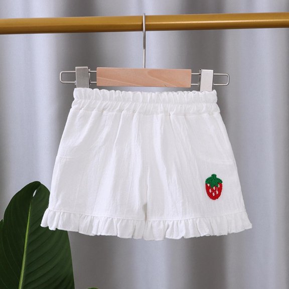 ITSAME Toddler Girls Shorts, Ruffled Fashion Embroidery Cotton Linen Kids Casual Loose Shorts for Summer White 4T
