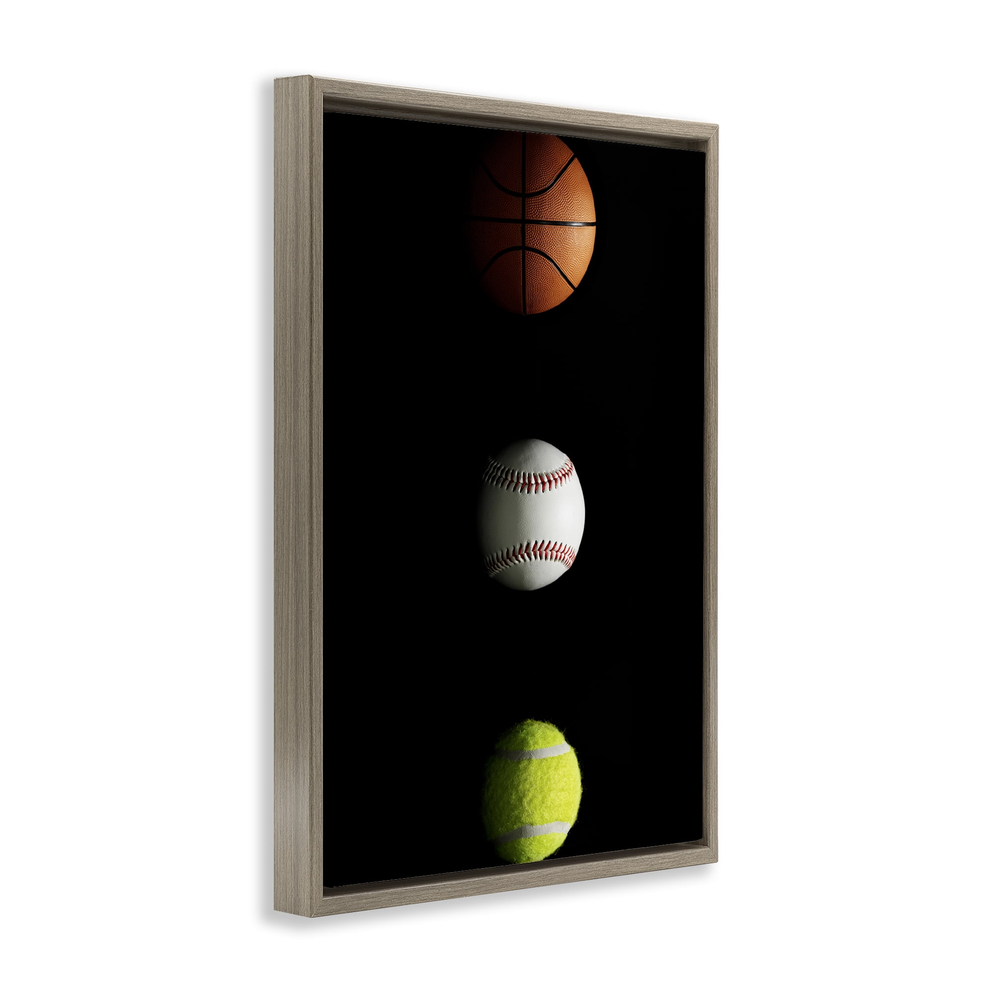 Stupell Industries Sports Balls Spotlight Brown Framed Floater Canvas Wall Art, design by Jesse Keith