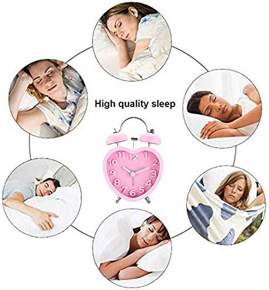 MetalM - Students Seniors 3in Twin Bell Loud Alarm Clock Silent Analog Quartz Nightlight Clock Battery Operated for Heavy Sleepers Heart Shape Pink