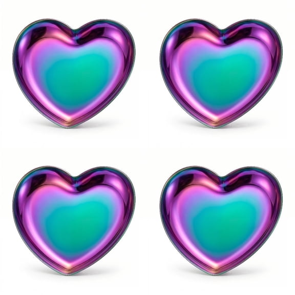 Heart Shaped Metal Jewelry Tray, 3.54x2.95 Inches, 4 Pack Iridescent Stainless Steel Decorative Trinket Dish, Small Vanity Organizer for Home Desk Bathroom Vanity