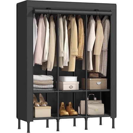 SONGMICS Wardrobe Closet, 51.2 Inch Large Capacity Portable Closet, Clothing Rack, 25 mm Dia Clothes Organizer with Fabric Cover Ink Black