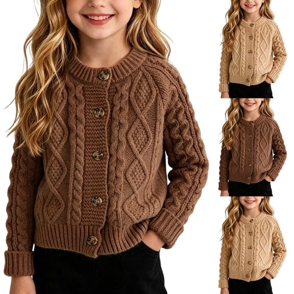 Auroural Toddler Girl Cardigan Sweater Children's Sweater Solid Color Long Sleeve Crew Neck Tops Kids 0-8 Years