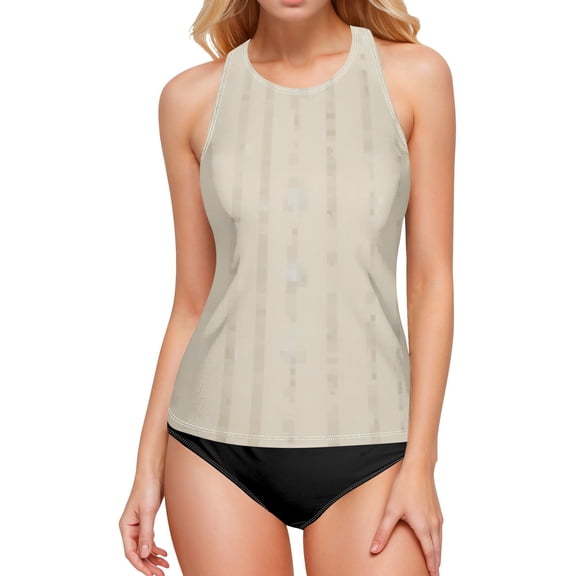 Women's Printed Tankini Top - High Elasticity Slim-Fit Swimsuit with Removable Straps & Cups, Perfect for Beach & Pool Parties，Beige
