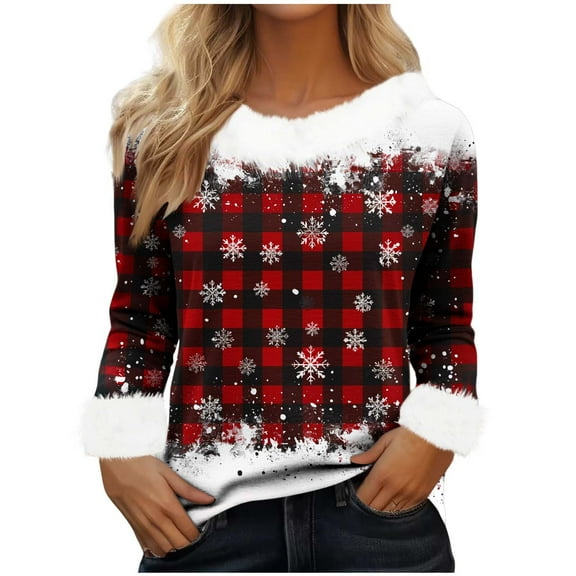 Women's Christmas Shirts Furry Collar Merry Christmas Tree Shirts Long Sleeve Xmas Holiday Party Tees Tops