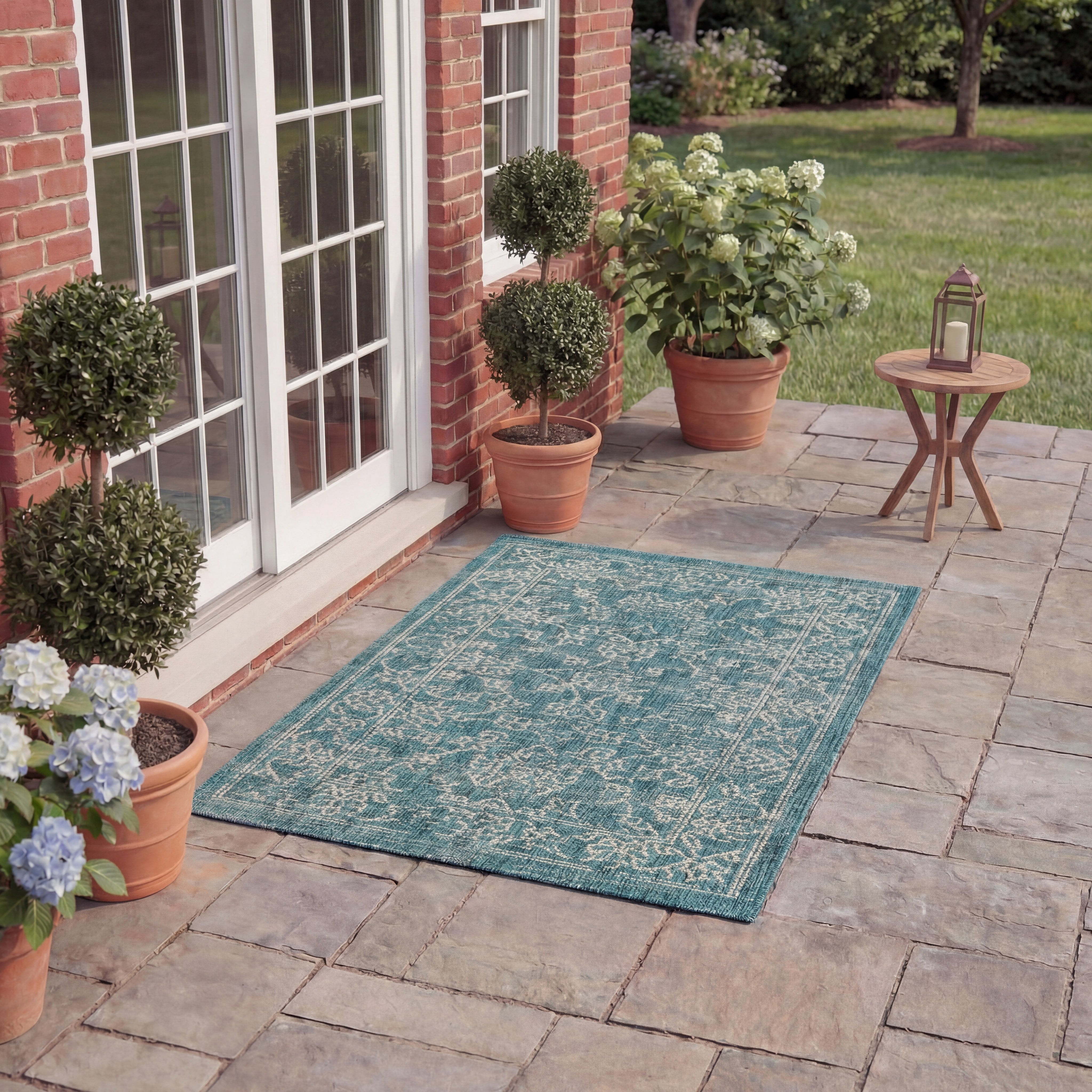 SAFAVIEH Courtyard Darin Traditional Indoor/Outdoor Area Rug, 4' x 5'7", Turquoise