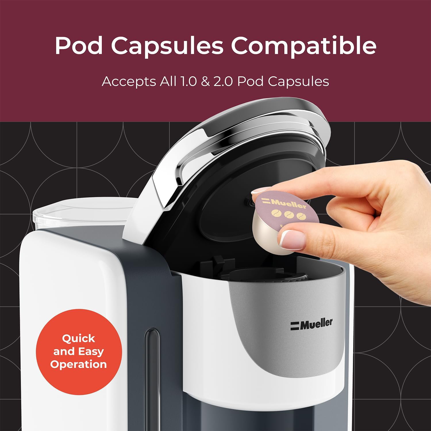 Mueller Single Serve Pod Compatible Coffee Maker Machine With 4 Brew Sizes,  Rapid Brew Technology with Large Removable 48 oz Water Tank 