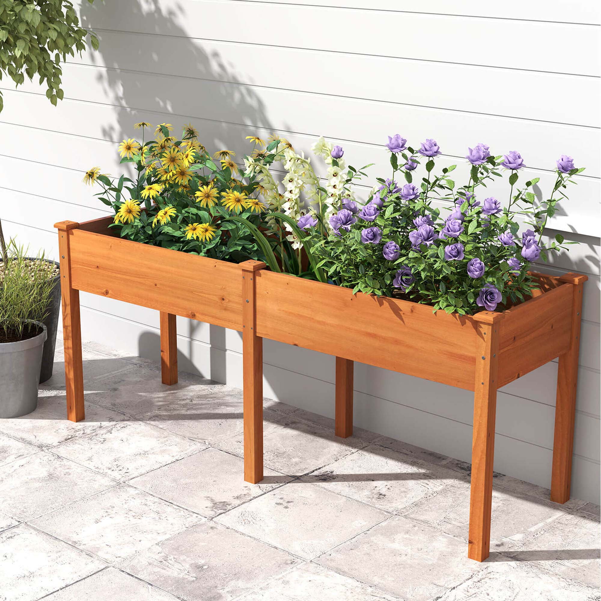 Costway Outdoor Raised Garden Bed with Legs 73x23x30in Wood Planter Box with Divider Panel Brown
