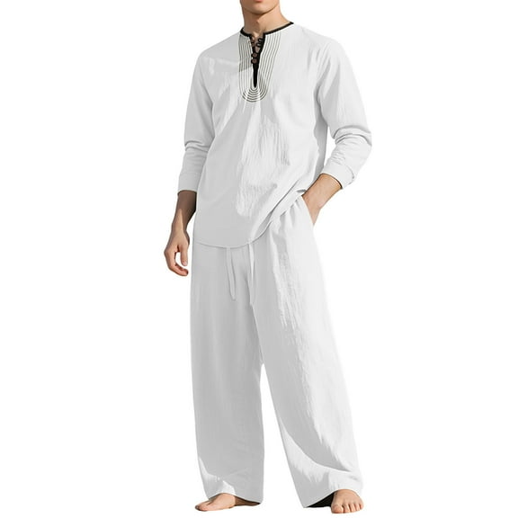 Men's Suit 2 Piece Set Casual Long Sleeve Round Neck Shirts Elastic Waist Loose Long Pants Vacation Outfits (XL, White)