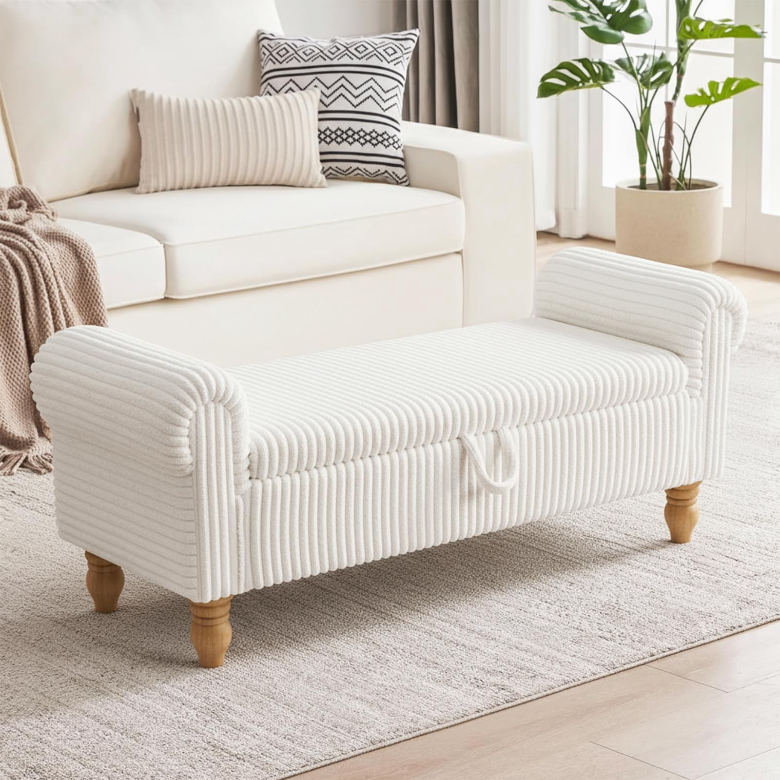 51.5" Storage Ottoman Bench, Upholstered Corduroy End of Bed Bench with Hidden Storage for Bedroom, Entryway & Living Room, White