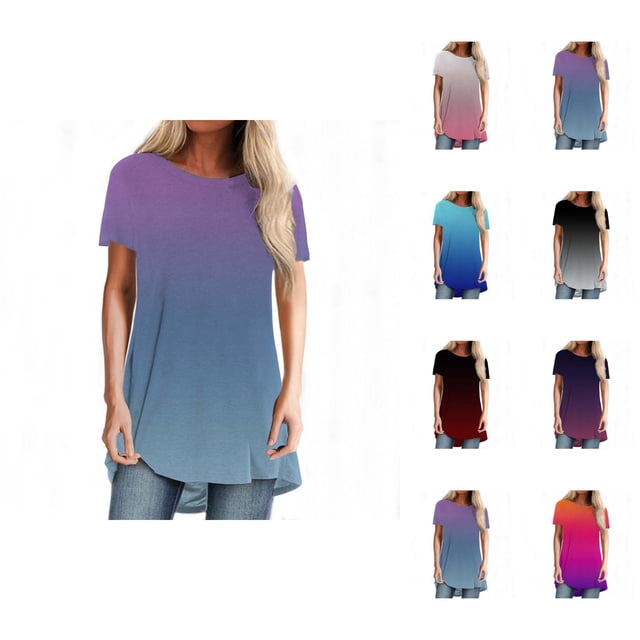 T-shirt Dégradé pour Femmes 2026 Été Tendance Manches Courtes Col Rond Ample Tunique