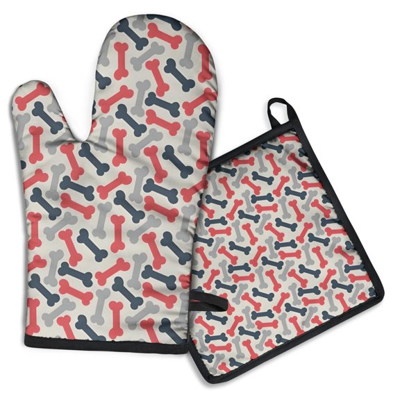 Dog Bones Kitchen Oven Mitt and Pot Holder Sets 2 Pcs for Baking, Cooking and Grilling, Heat Resistant Up To 392 °F