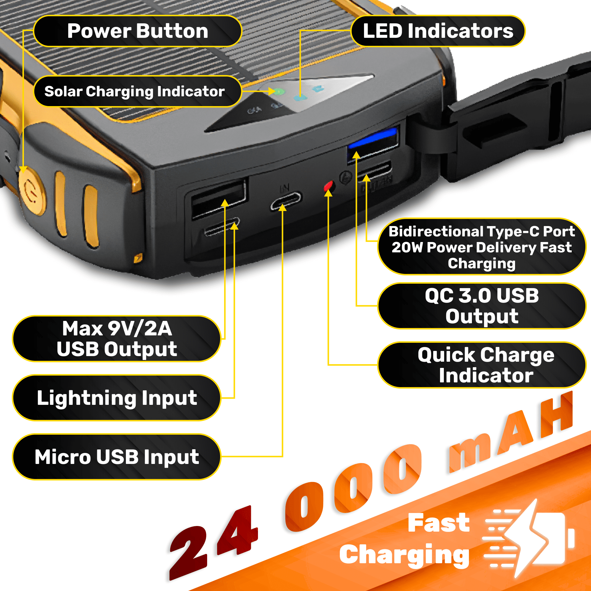 24000 mAh Solar Charger 7 Panels Detachable, Portable Solar Power Bank, with LED Light Flashlight, PD20W & QC18W Fast Charging Type C, Dual 5V USB Ports for Outdoor Camping Hiking P54 Waterproof