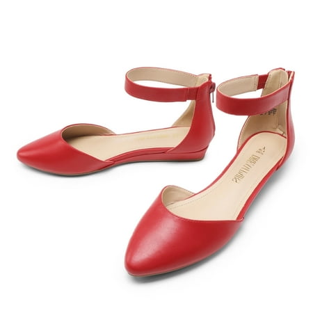 BURUDANI Women Flats Shoes Low Wedge Sandals Ankle Strap Pointed Toe RED-PU-1 Size 8