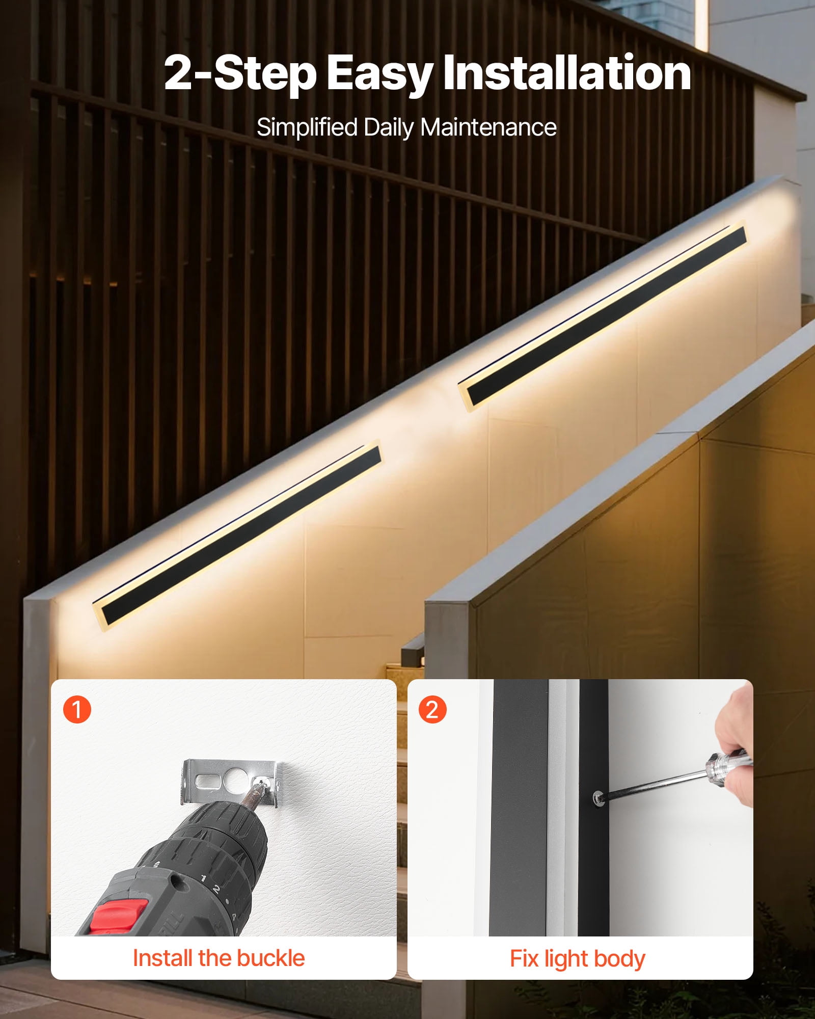 VEVOR Outdoor Wall Lights, 2 Pack, 39.4 Inch Long Strip Modern Exterior Wall Sconce Light Fixtures, 3000K Warm White, IP65 Waterproof Anti-Rust Outside Wall Mount Lighting, for House, Porch, Garage