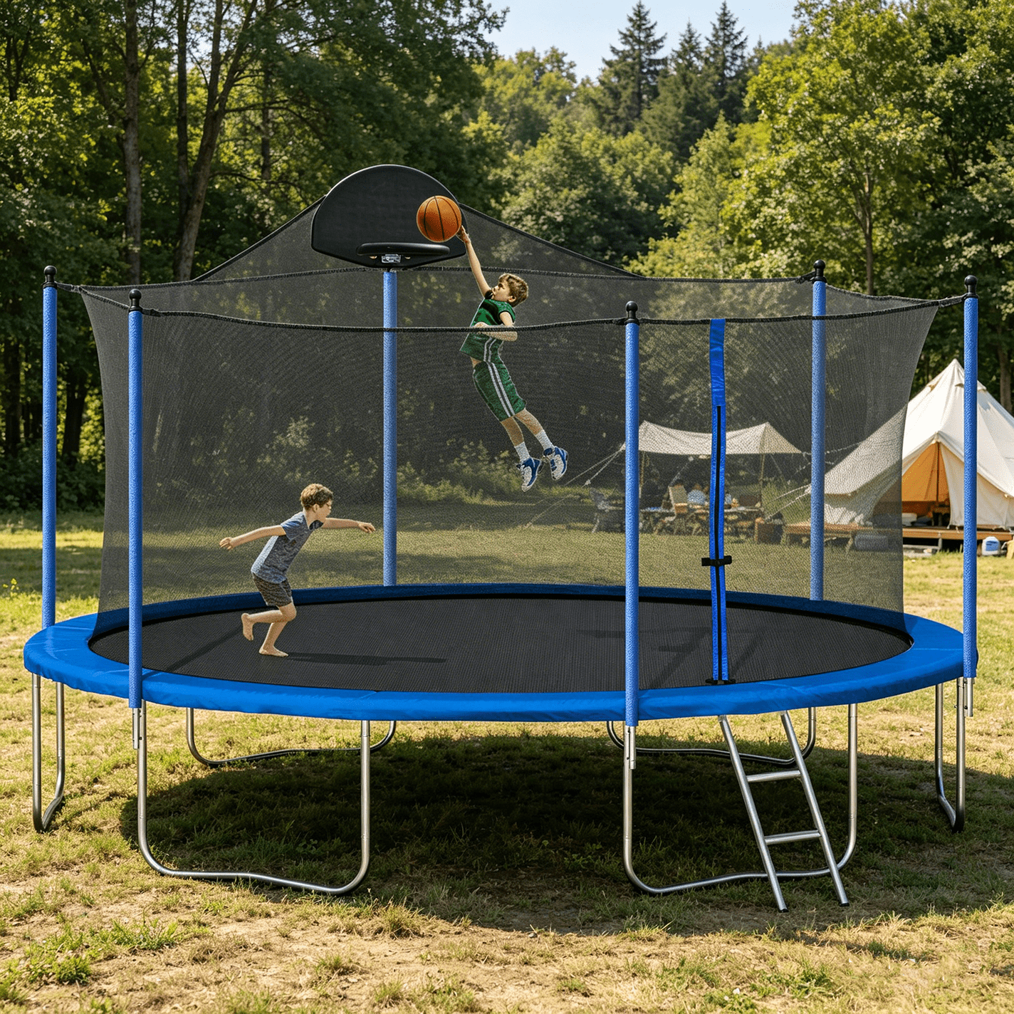 Leumius 14FT Trampoline with Basketball Hoop for Kids and Adults,Outdoor Trampolines w/Ladder and Safety Enclosure Net,Blue