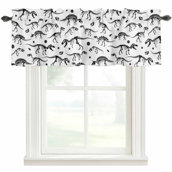 Dinosaur Fossils Farmhouse Short Window Curtain Valances, White Black Ancient Animals Rod Pocket Kitchen Valances for Living Room Bedroom Bathroom Cafe 42" x 12"