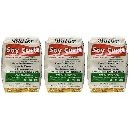 Butler Soy Curls, 8 oz Bags (Pack of 3) | Plant-Based Meat Substitute, Whole Soy Protein, Vegan, Gluten-Free, Non-GMO, Shelf-Stable, 100% Natural Soy-Based Protein
