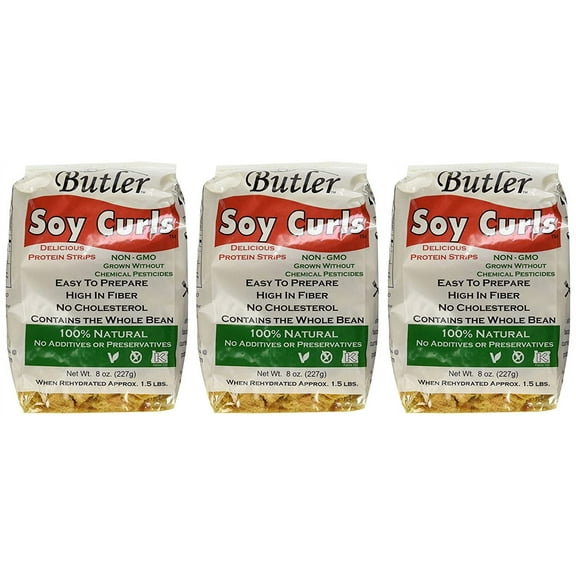 Butler Soy Curls, 8 oz Bags (Pack of 3) | Plant-Based Meat Substitute, Whole Soy Protein, Vegan, Gluten-Free, Non-GMO, Shelf-Stable, 100% Natural Soy-Based Protein