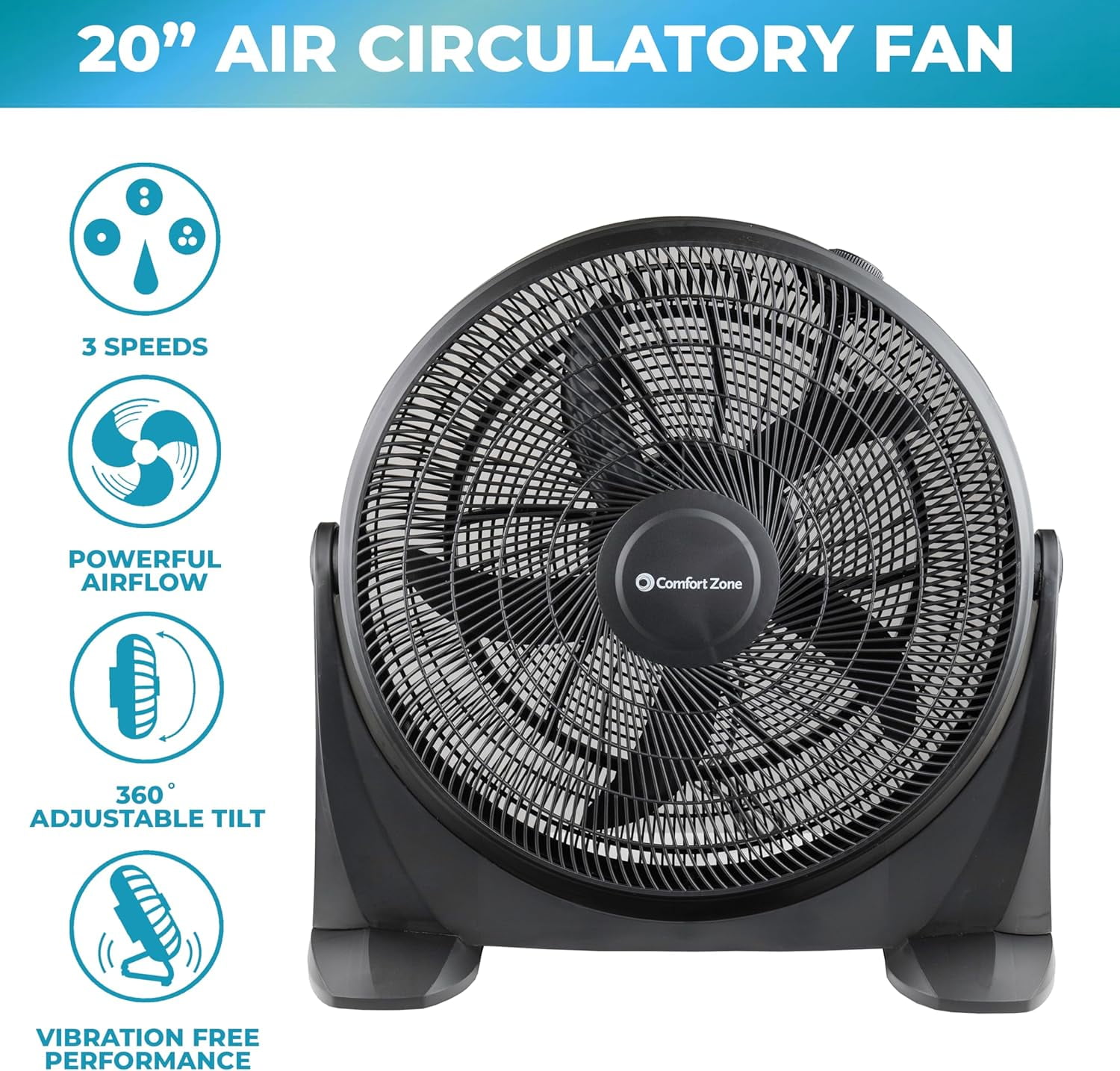 Comfort Zone 20 in. High Velocity Floor Fan, 3 Speed, Tilt