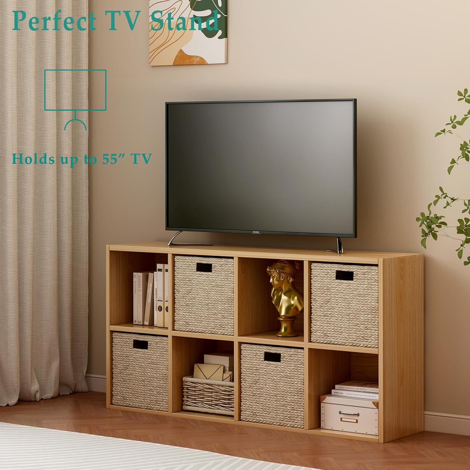 8-Cube Storage Shelf Bookcase - Wooden 4-Tier Floor Standing Open Bookshelf, Modern TV Stand up to 55 Inchs for Home and Office, Black
