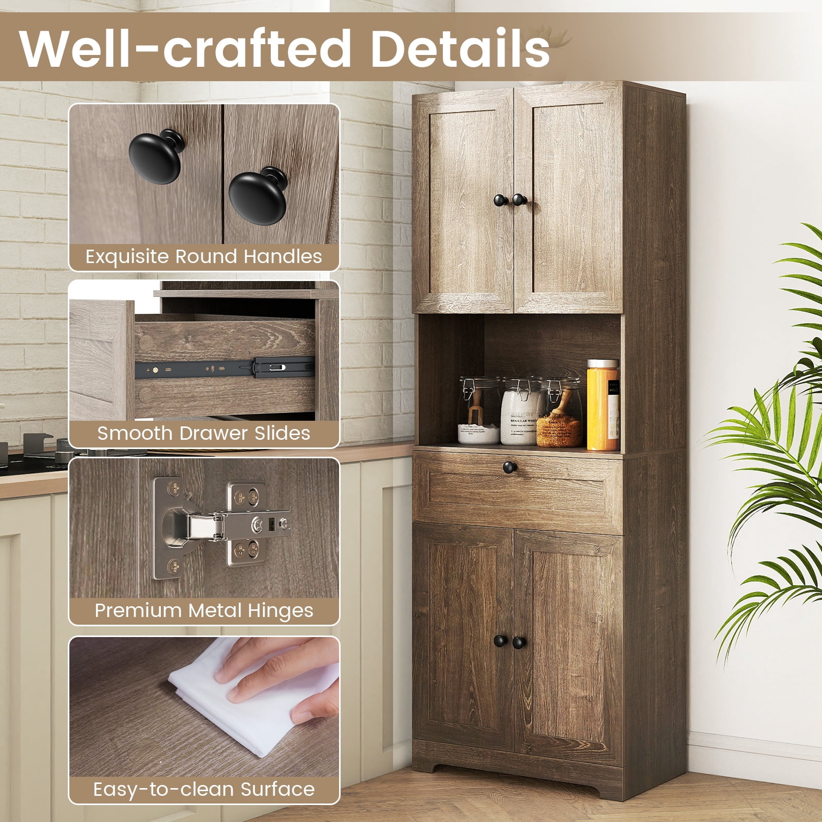 Gymax 67.5'' Kitchen Pantry Cabinet w/4 Doors 1 Drawer Open Countertop Adjustable Shelf Gray Oka