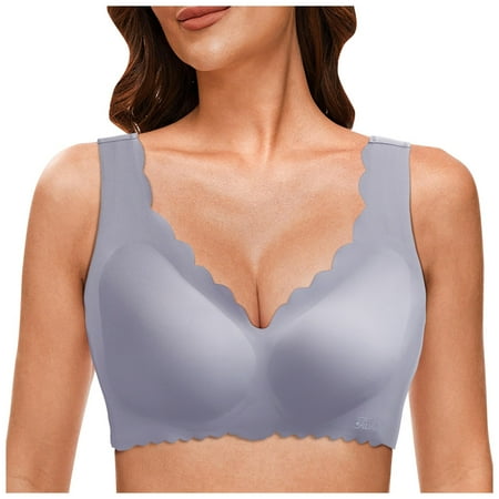 OJSFQUFP Plunge Bras Grey Women s Front Side Buckle Lace Edge Without Steel Ring Movement Seamless Gathering Adjustment Yoga Sleep Large Bra M