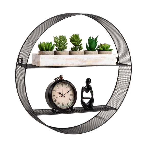 Mind Reader Circular Floating Shelves, Wall Decor, Accent Shelf, Office, Bathroom, Metal Mesh, 18"L x 4"W x 18"H, Black