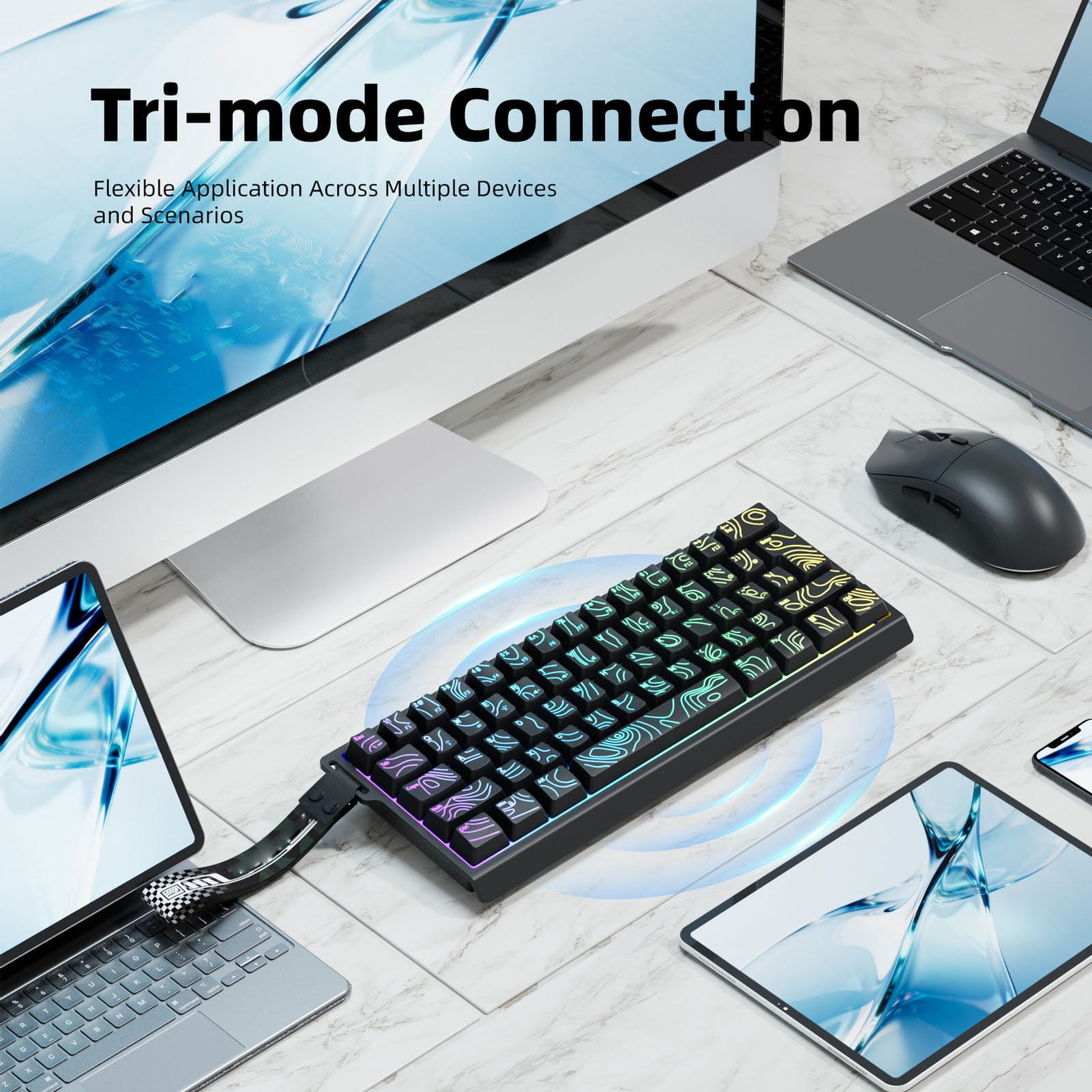 Sorven 61 Keys Rechargeable Wireless Keyboard Wireless Keyboard 61 Key Triple Mode 2.4G USB Bluetooth with RGB Backlit Ribbon 60 Percent Portable for Gaming Rechargeable