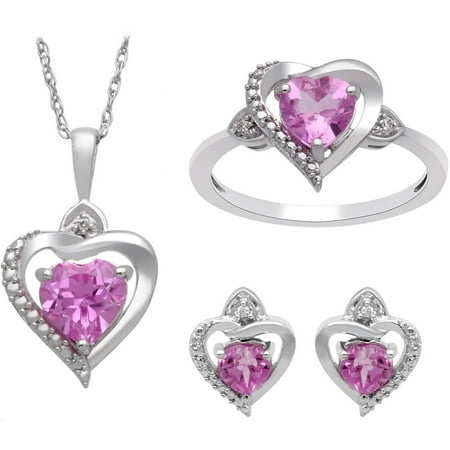 Created Pink Sapphire and White CZ Sterling Silver Heart Ring, Pendant and Earring Box Set