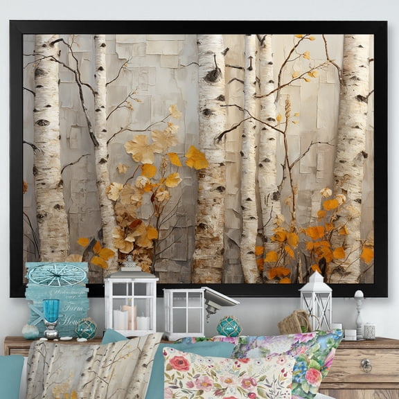 Designart "Autumn Birch Tree Elegance in Fall" Landscapes Framed Wall Art Decor - Country Orange Tree Living Room Framed Canvas Art