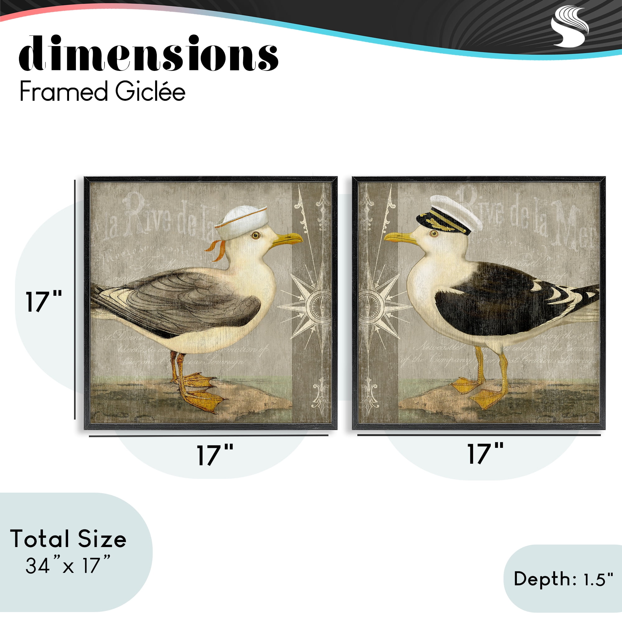 Stupell Industries Little Seagulls with Hats 2 Piece Black Framed Giclee Art Set, design by Suzanne Nicoll