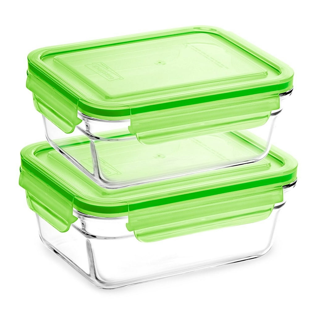 Glasslock 2 Container Green Lid Rectangular Oven Safe Food Storage Set