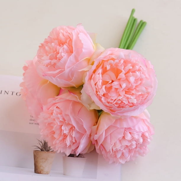 XmhyTop 2 piezas de ramos con un total de 10 flores de peonía artificiales de seda y hojas para decoración de hogar, oficina, boda, fiesta, bar festivo (rosa oscuro)
