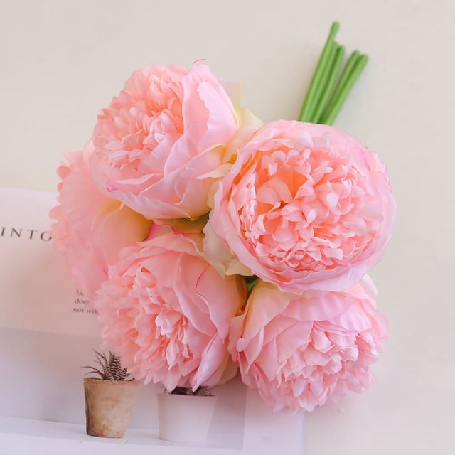 Nvzi 2 piezas de ramos con un total de 10 flores de peonía artificiales de seda y hojas para decoración de hogar, oficina, boda, fiesta, bar festivo (rosa oscuro)