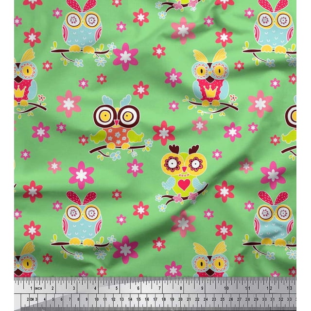 Soimoi Polyester Crepe Fabric Floral & Owl Cartoon Print Fabric by Yard 52 Inch Wide