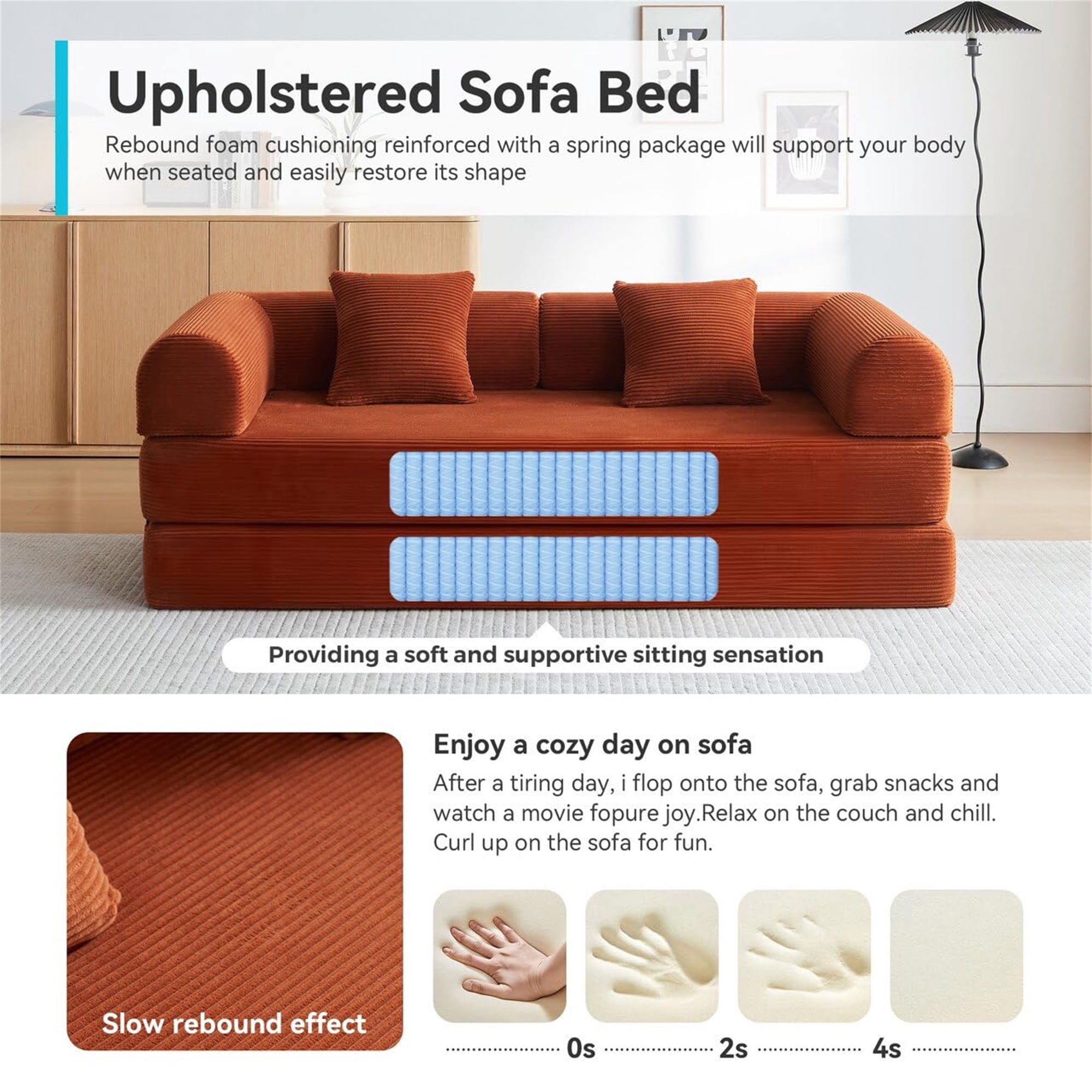 Aukfa 79" Convertible Futon Sofa Bed with Fixed Frame, 5-in-1 Boneless Couch for Living Room, Corduroy, Orange
