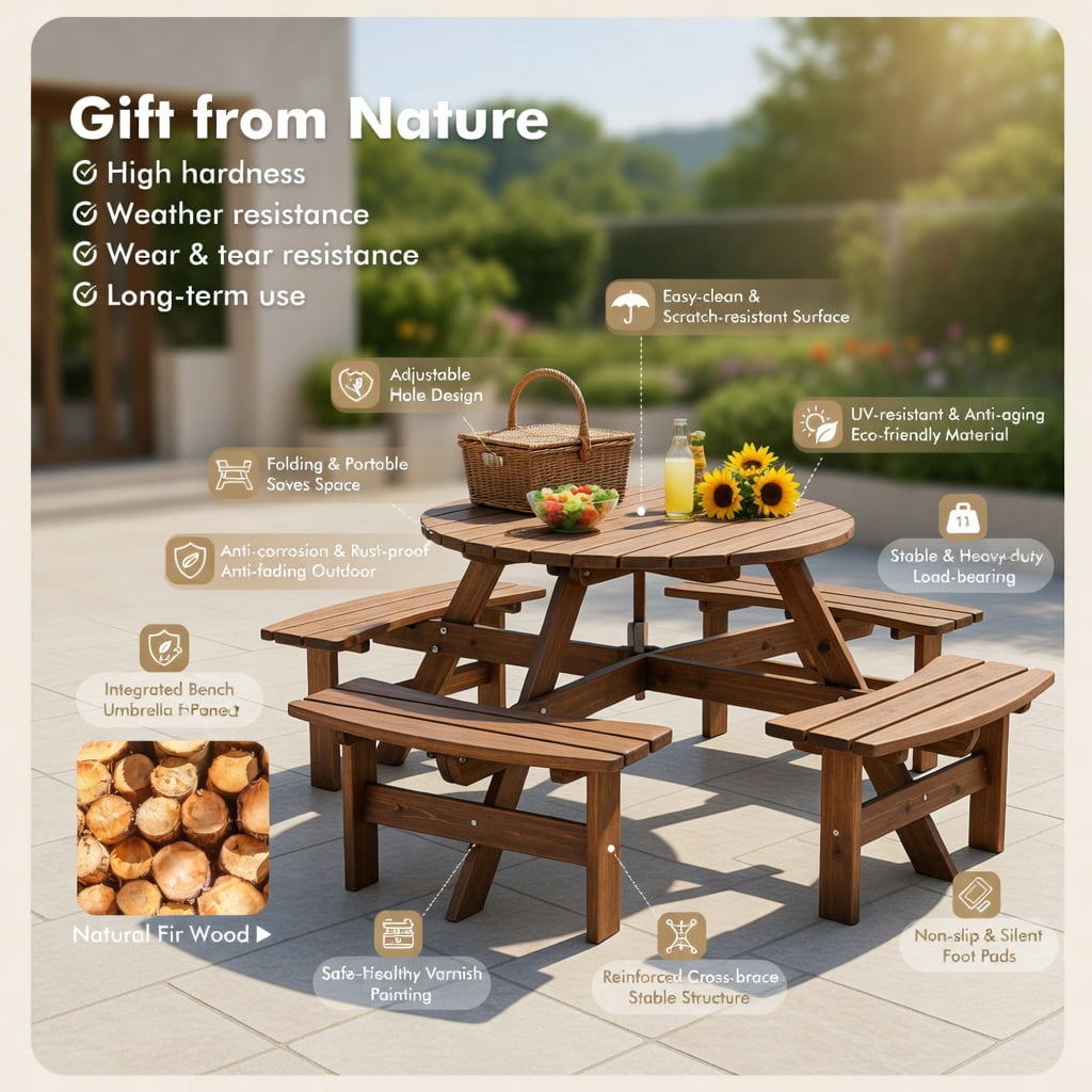 Hommoo 6-Person Wooden Picnic Table Set with Benches & Center Umbrella Hole, Fir Wood Outdoor Dining Set for Patio, Lawn, Deck, Dark Brown
