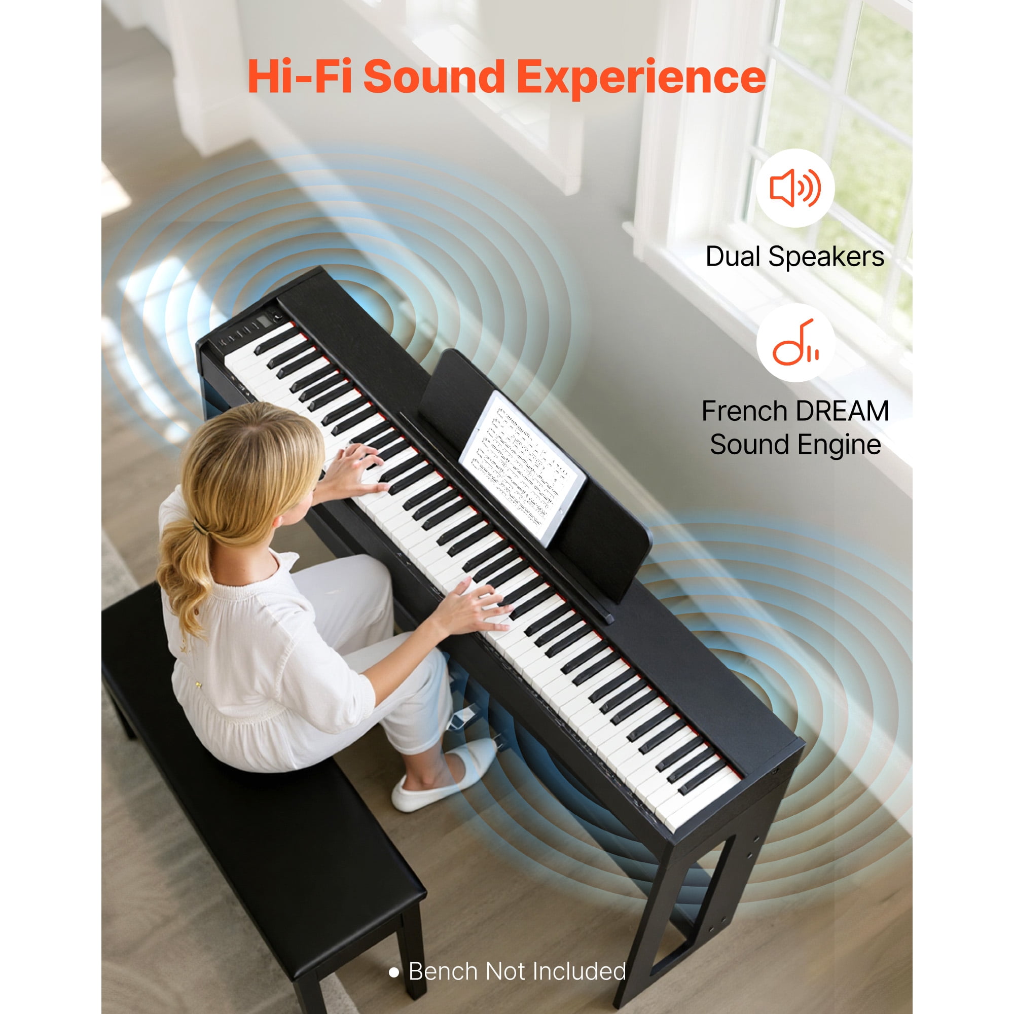 KFFKFF 88-Key Fully Weighted Digital Piano with Stand, Power Adapter, Triple Pedal, Recording Feature, 280 Tones, Wireless Connectivity, Ideal for Beginners, Black