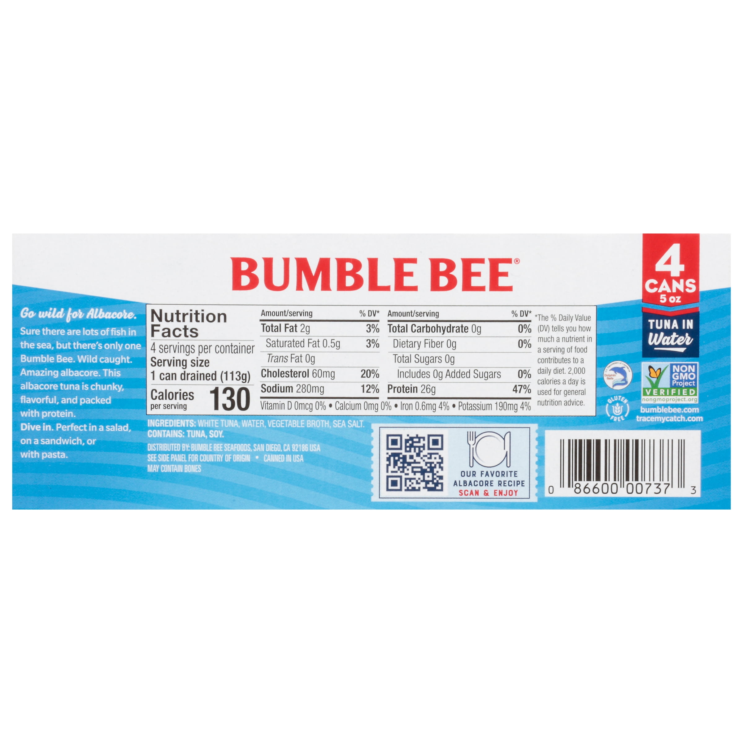 (6 pack) Bumble Bee Chunk White Albacore Tuna in Water, Wild Caught, Gluten Free, Shelf Stable Can, 5 oz (Pack of 4)