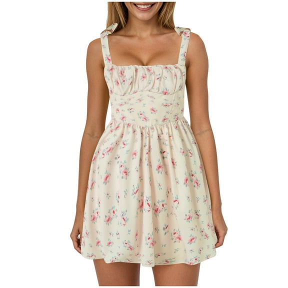 GEWSEY Women's Square Neck Ruffle Hem Mini Dress Ruched Waist Short Party Dresses White, S