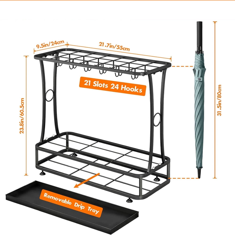 TEAFIRST Umbrella Rack Stand, 21-Slots Umbrella Holder with Removable Drip Tray, with 24 Hooks Black