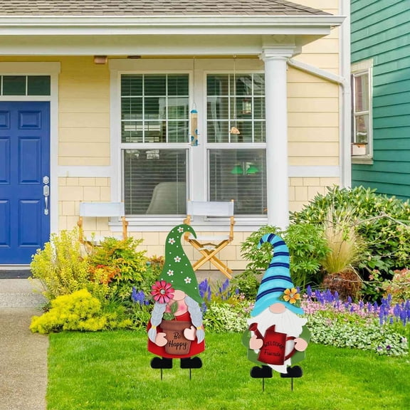 Garden Decor, Set of 2 Metal Gnomes Decorative Garden Stakes with Flowers for Spring, Yard Art Stakes for Outdoor Lawn Backyard Porch Garden Decorations
