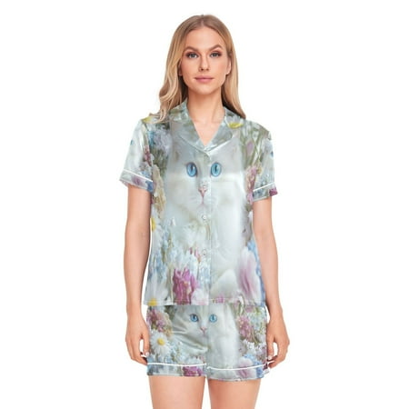 Women Silk Pajama Sets Causal Outings Fashion White Cat with Blue Eyes Pattern Home