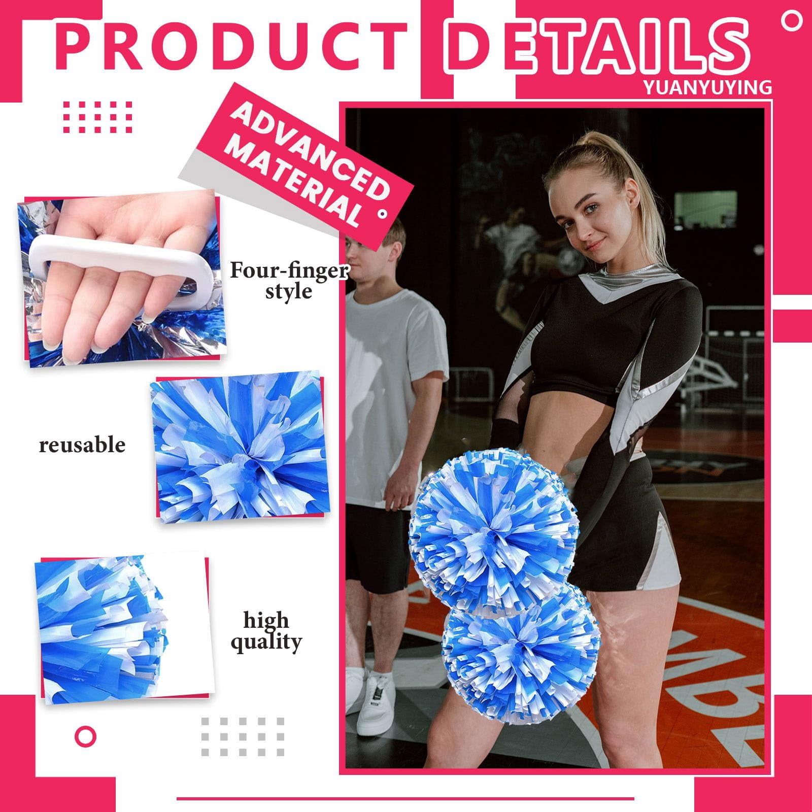 Cheer Pom Poms 20 Pcs Four Finger Handle, Cheerleading Handheld Squad Pompoms for Sports Team Cheer Spirit Games Dance Party Adults