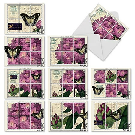 'M2981 PAPILLON POST' 10 Assorted Thank You Greeting Cards Featuring A Series Of Botanical Themed Postage Stamps Showcasing French Papillon Butterflies And Plants with Envelopes by The Best Card