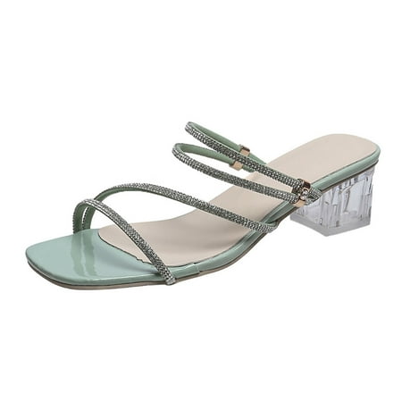 

Womens Sandals Fashion Summer Women S Sandals Chunky Heel Rhinestone Strap Open Toe Casual Large Size Women S Sandals Pu Green 39