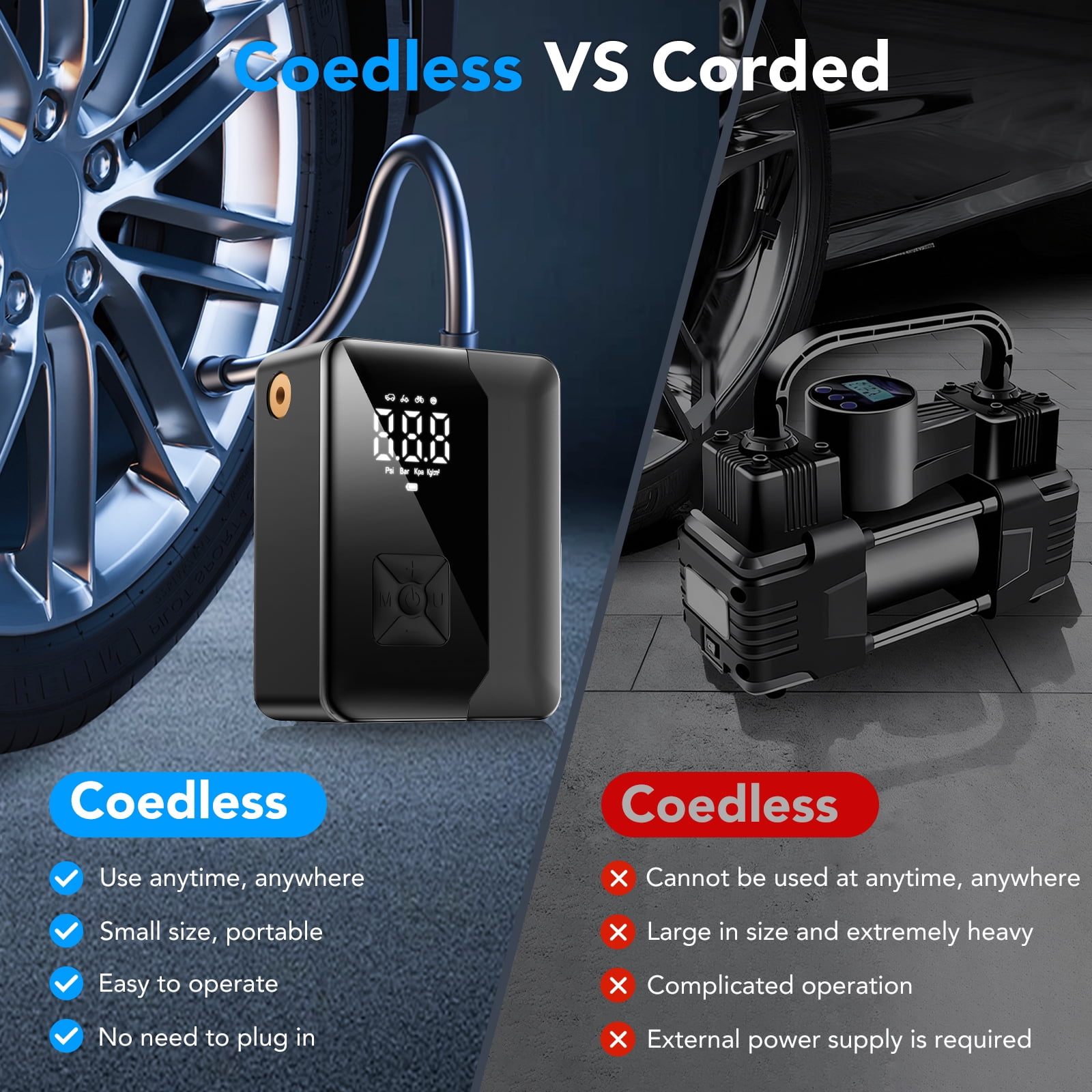 KT1 7200mAh Tire Inflator Portable Air Compressor with Digital Pressure Gauge, LED Light, 160PSI Fast Inflation for Car, Bikes, Sports Balls, Inflatable Toys, Perfect for Families, Outdoor, Indoor
