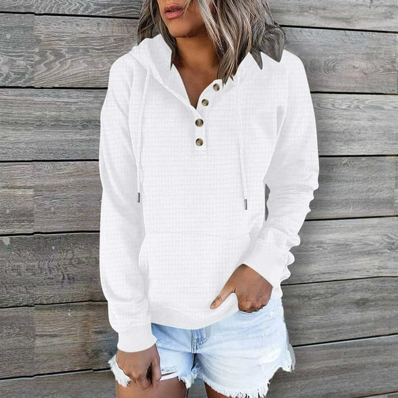 Qetyuw Womens Waffle Knit Hoodies Fall Long Sleeve Casual Pullover Sweatshirt Fashion Comfy Sweatshirts with Drawstring